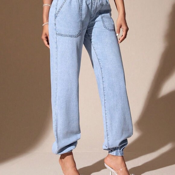 Blue Casual Womens Elastic Waist Jogger Jeans - Picture 4 of 6